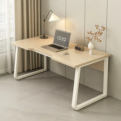 Modern Simple Desk With Laptop Table Lamp Clock And White Vase With Dried Flowers 3d model
