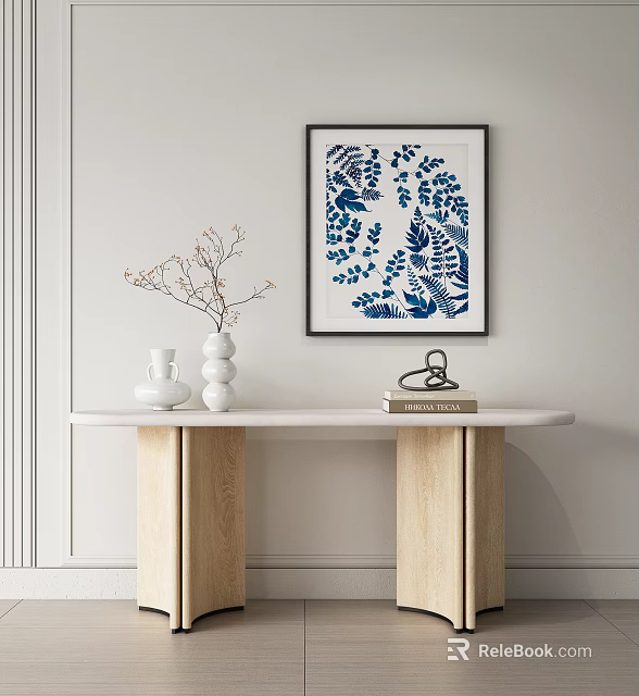Minimalist Console Table With Blue Leaf Artwork White Vases Decorative Branches And Books 3d model
