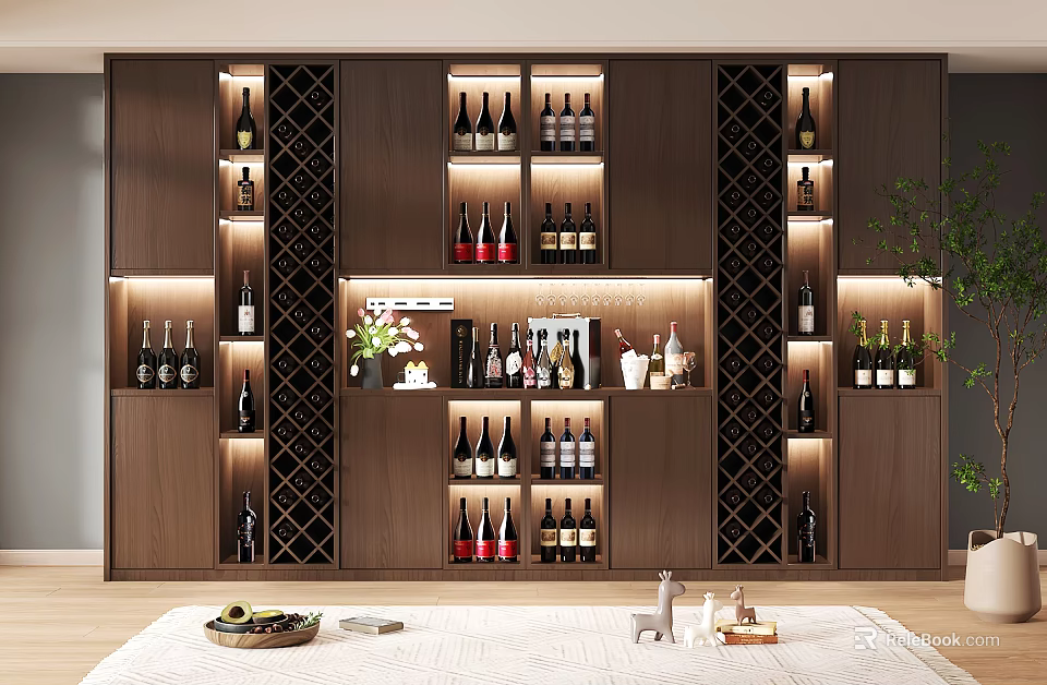 Modern Wooden Wine Cabinet With LED Lighting Glass Shelves And Wine Bottle 3d model 