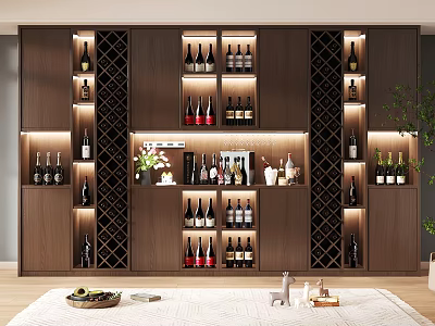 Modern Wooden Wine Cabinet With LED Lighting Glass Shelves And Wine Bottle 3d model