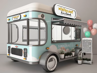 Pastel Blue White Nordic Food Truck With Balloons Chalkboard Menu And Potted Plants 3d model