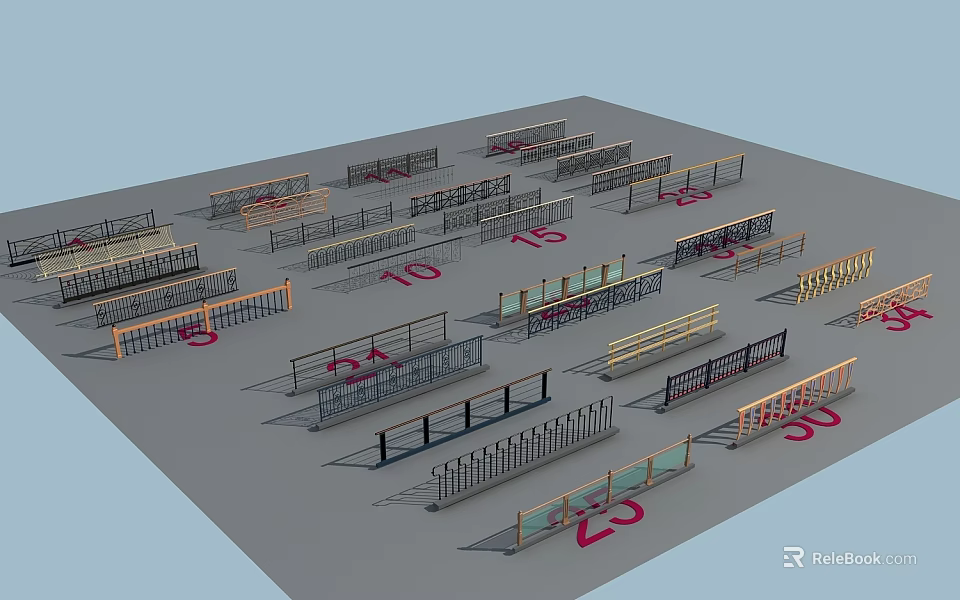 Different Types of Railings With Various Designs Styles and Specifications on 3d model 