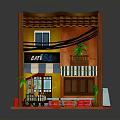 Charming Cafe Facade Design With Striped Awning Outdoor Tables And Potted Plants