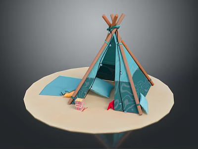 Turquoise Kids Tepee Tent With Wooden Poles Small Blanket And Toys 3d model