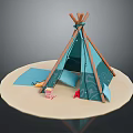 Turquoise Kids Tepee Tent With Wooden Poles Small Blanket And Toys