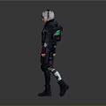 Silver Haired Woman In Black Leather Jacket And Combat Boots Standing