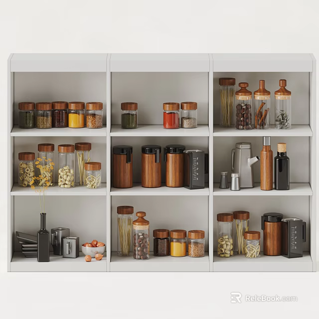 Organized Kitchenware On White Shelves With Glass Jars Wooden Containers And Coffee Maker 3d model 