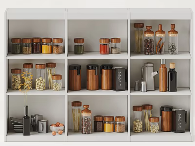 Organized Kitchenware On White Shelves With Glass Jars Wooden Containers And Coffee Maker 3d model