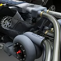 Detailed 3D Engine Model With Black Body Red Accent Lines Silver Pipes And Radiator