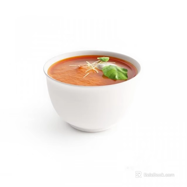 Creamy Red Soup In White Bowl With Green Leaf And Thin Garnish 3d model 