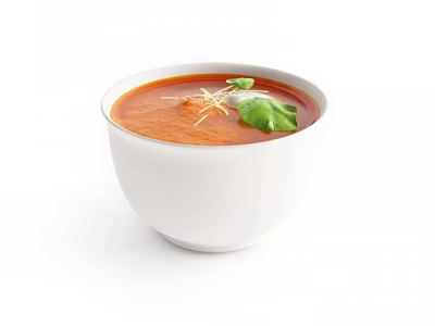 Creamy Red Soup In White Bowl With Green Leaf And Thin Garnish 3d model