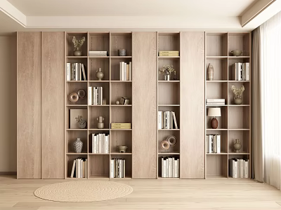 Modern Wooden Bookcase Interior With Multiple Shelves Books Decorative Vases And Ornaments 3d model