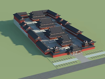 Ancient Chinese Architecture With Red Walls Black Tiles And Traditional Courtyard Design 3d model