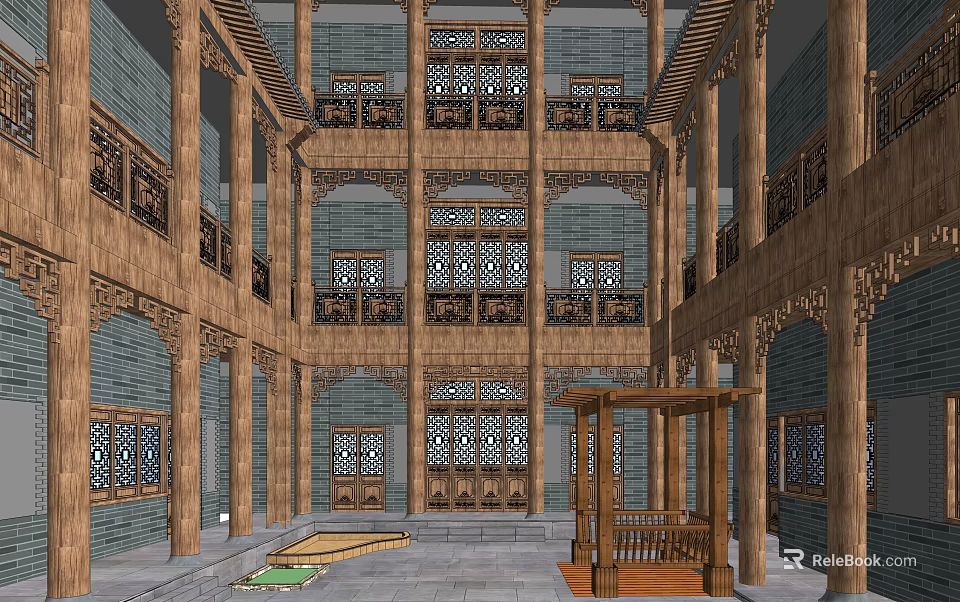 Traditional Chinese Architecture Interior With Wooden Carved Railings And Courtyard Design 3d model 
