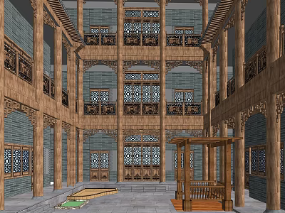 Traditional Chinese Architecture Interior With Wooden Carved Railings And Courtyard Design 3d model