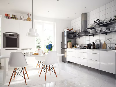 Modern Open Concept Kitchen Interior With White Cabinets Island Counter And Dining Chairs 3d model