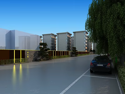 Modern Residential Landscape Design with Apartment Buildings Willow Trees Rocks and Car on Road 3d model