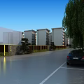 Modern Residential Landscape Design with Apartment Buildings Willow Trees Rocks and Car on Road