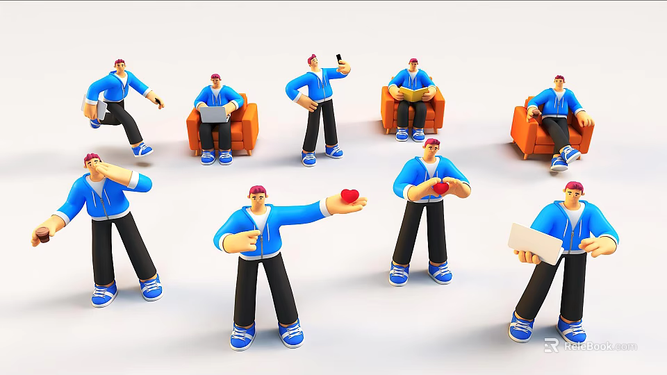 Men in Blue Jackets Red Hats with Different Poses Using Smartphone Laptop and Holding Apple 3d model 
