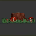 Wooden Stone Tree Stump Surrounded By Red Spotted Mushrooms And Green Grass