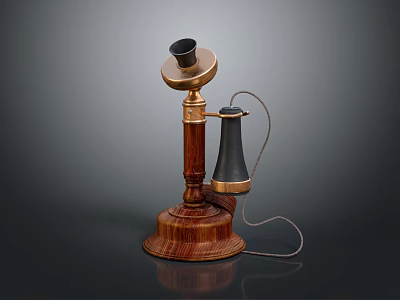 Vintage Telephone With Wooden Base Brass Accents And Black Wired Handset 3d model