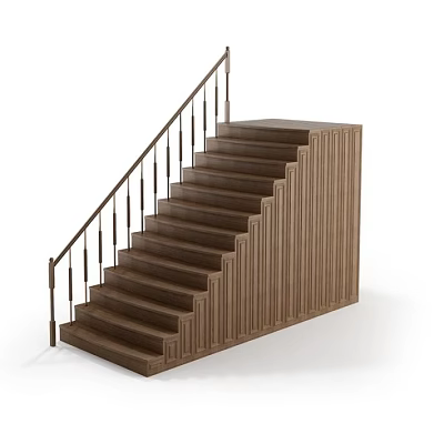 Modern Wooden Staircase With Metal Handrail And Vertical Side Panels Design 3d model
