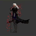 White Haired Man In Black Armor Holding Sword With Red Petals And Gray Background