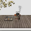 Traditional Tea Set With Steaming Teapot Small Teacups Square Snacks On Wooden Tray Ginkgo Leaves