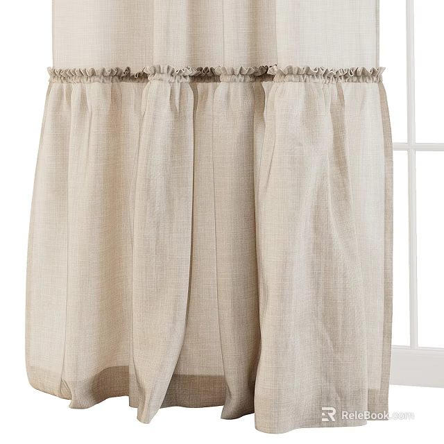 Elegant Soft Beige Linen Window Curtain with Ruffled Top Light Filtering Texture 3d model 