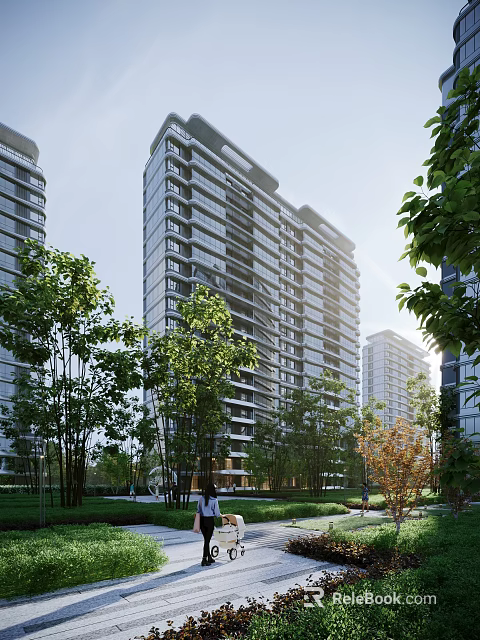 Modern High Rise Residential Building Exterior with Lush Trees and Green Surroundings 3d model 