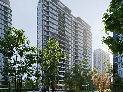 Modern High Rise Residential Building Exterior with Lush Trees and Green Surroundings 3d model