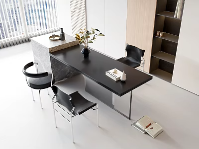 Modern Bar Counter Interior With Black Countertop Black Chairs Shelves Vase And Natural Light 3d model
