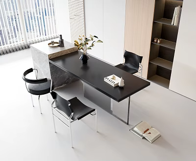 Modern Bar Counter Interior With Black Countertop Black Chairs Shelves Vase And Natural Light 3d model