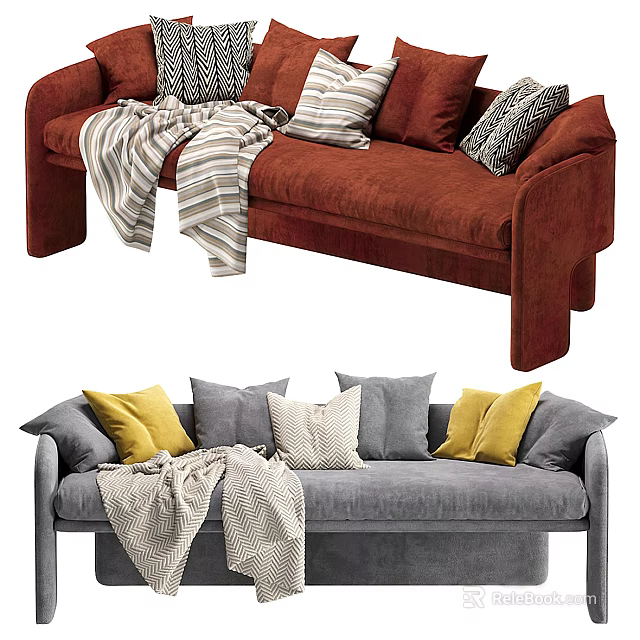 Red and Gray Sofa Set Decorated with Various Pillows and Cozy Blankets 3d model