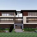 Modern Townhouse Exterior With Large Glass Windows Terraces And Parked Cars