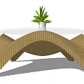 Wooden Wave Shaped Coffee Table With Transparent Tabletop And White Vase Green Plant