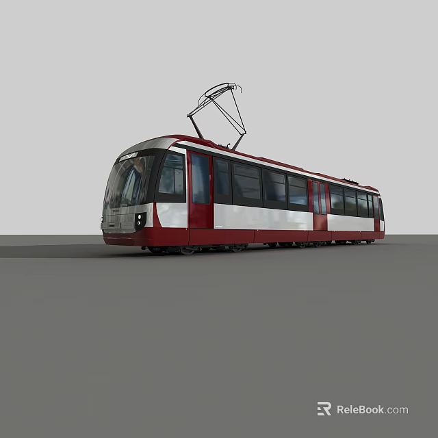 Red and White Modern Tram with Long Body and Pantograph on Gray Background 3d model 