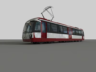 Red and White Modern Tram with Long Body and Pantograph on Gray Background 3d model