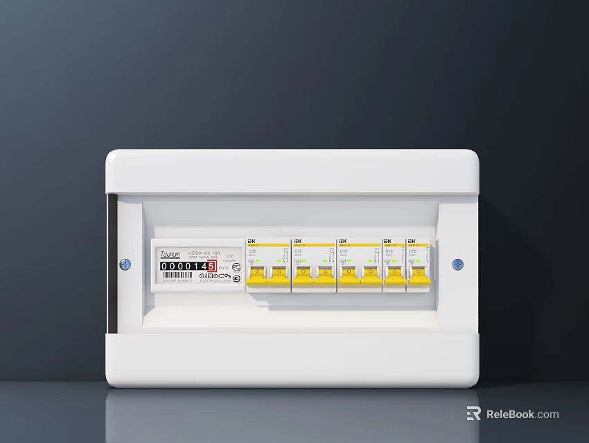 Industrial Distribution Box With White Casing And Multiple Yellow Circuit Breakers For Safe Electrical Control 3d model 