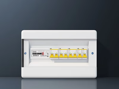 Industrial Distribution Box With White Casing And Multiple Yellow Circuit Breakers For Safe Electrical Control 3d model