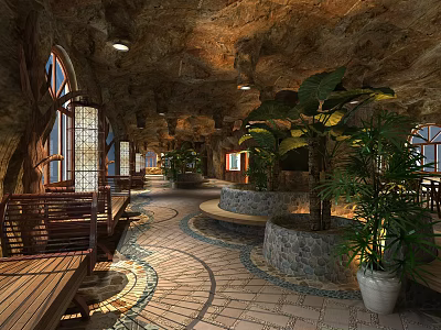Cave Style Visitor Center Interior With Wooden Structures Large Windows Green Plants And Relaxation Seating 3d model