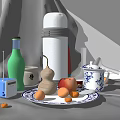 Decorative Ornament Set Featuring Fruit Nuts Porcelain Teacup RIO Bottle Thermal Mug And Rose Petals