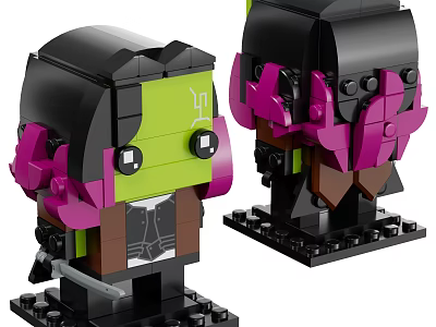 Building Blocks BrickHeadz Figure With Green Face Black Head Purple Ears And Sword 3d model