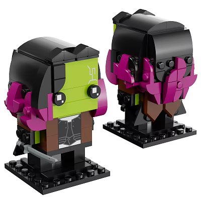 Building Blocks BrickHeadz Figure With Green Face Black Head Purple Ears And Sword 3d model