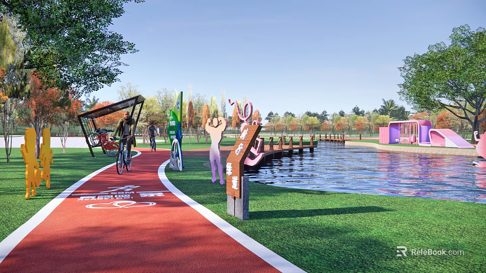 Scenic Park Landscape With Red Fitness Trail Bicycle Green Lawn Lake And Wooden Boardwalk 3d model 