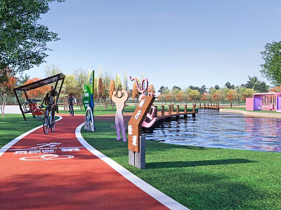 Scenic Park Landscape With Red Fitness Trail Bicycle Green Lawn Lake And Wooden Boardwalk 3d model