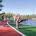 Scenic Park Landscape With Red Fitness Trail Bicycle Green Lawn Lake And Wooden Boardwalk