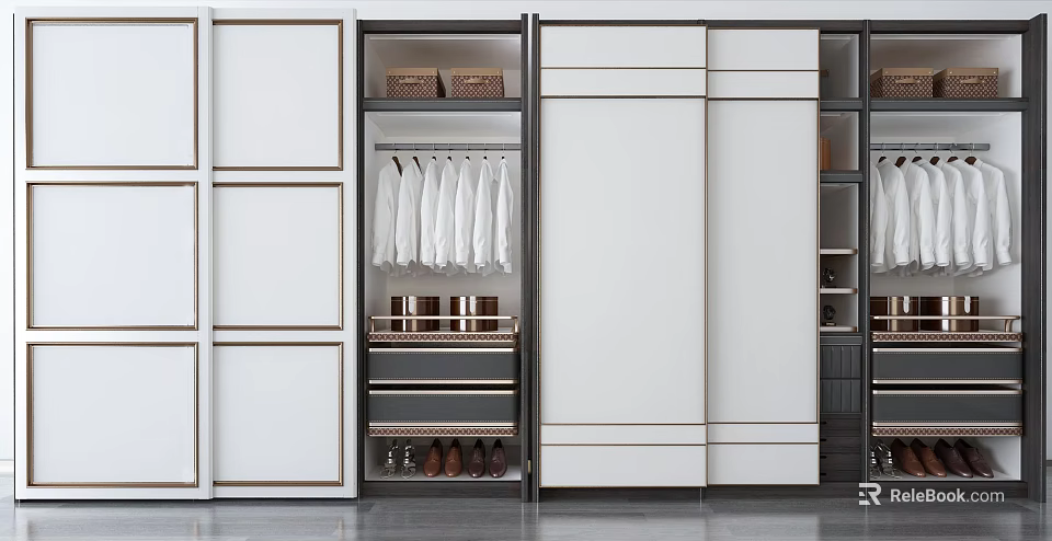 Modern Wardrobe With Sliding Doors Clothing Rack Drawers And Storage Compartments 3d model 