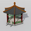 Ancient Chinese Pavilion with Yellow Roof Red Pillars and Green Lattice Windows