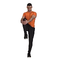 Man Standing on One Leg Holding Knee in Orange T-shirt Black Pants Sneakers Gray Background